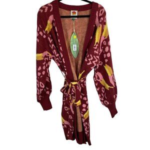 NWT FARM Rio Toucanissimo Wool Belted Cardigan Sweater Burgundy Red Size S